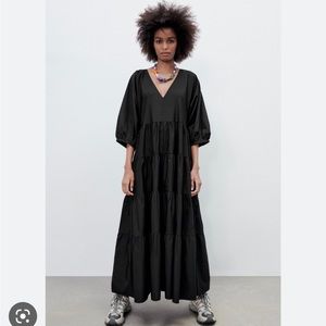 NWT Zara Black Poplin Tiered Dress